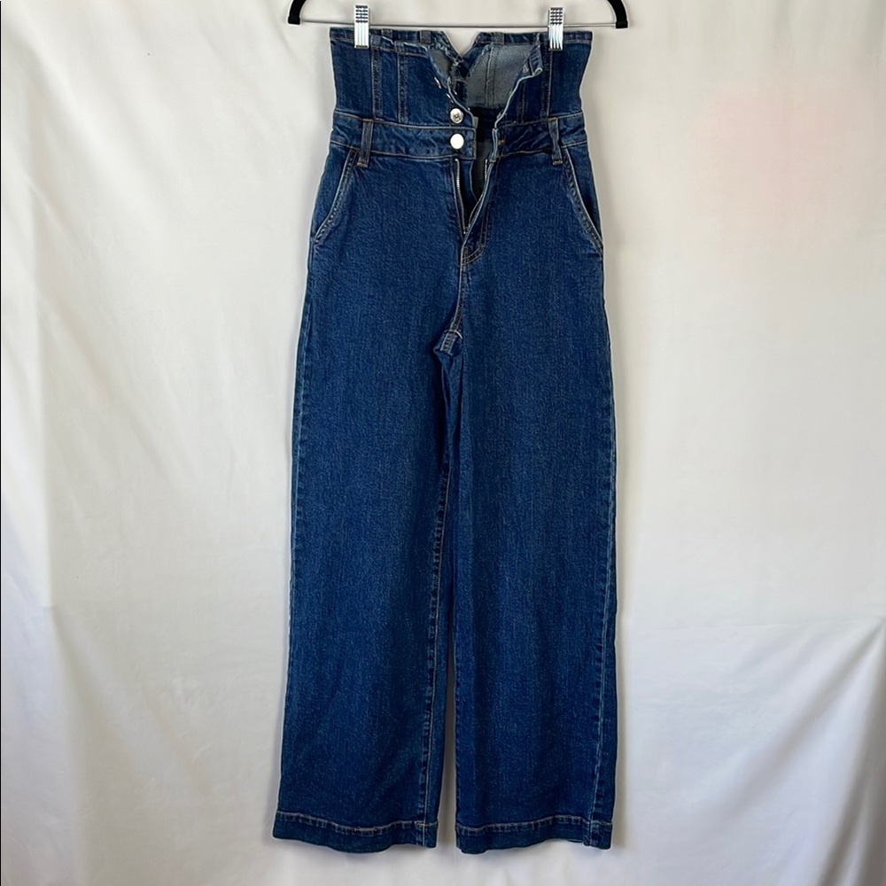 Forever 21 Ultra High-Waisted Wide Leg Blue Jeans with Button Front - Size 25 - Picture 2 of 13